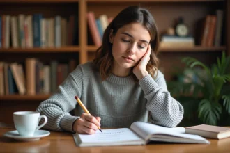 Femme écrivant des exercices de grammaire française sur un cahier, illustrant l'accord du participe passé de rejoindre