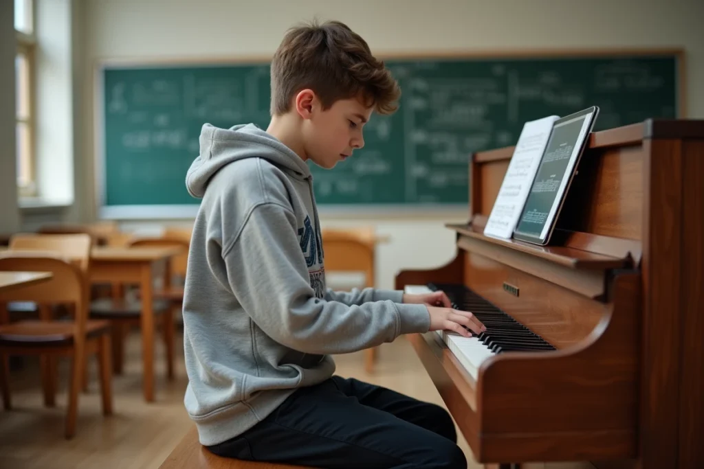 Adolescent débutant pratiquant le piano dans une salle de classe avec une partition numérique affichée sur une tablette