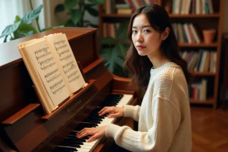 Jeune femme débutante au piano lisant la partition de Let It Be avec une expression concentrée dans un salon chaleureux