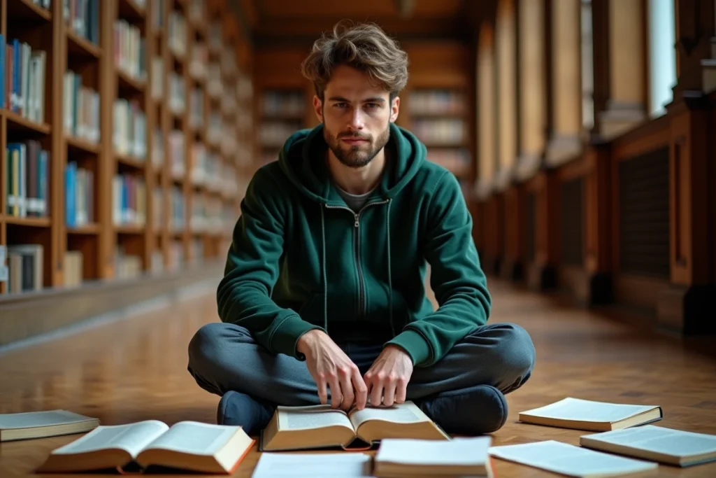 Jeune homme étudiant la grammaire française entouré de livres dans une bibliothèque universitaire, révisant l'accord du participe passé