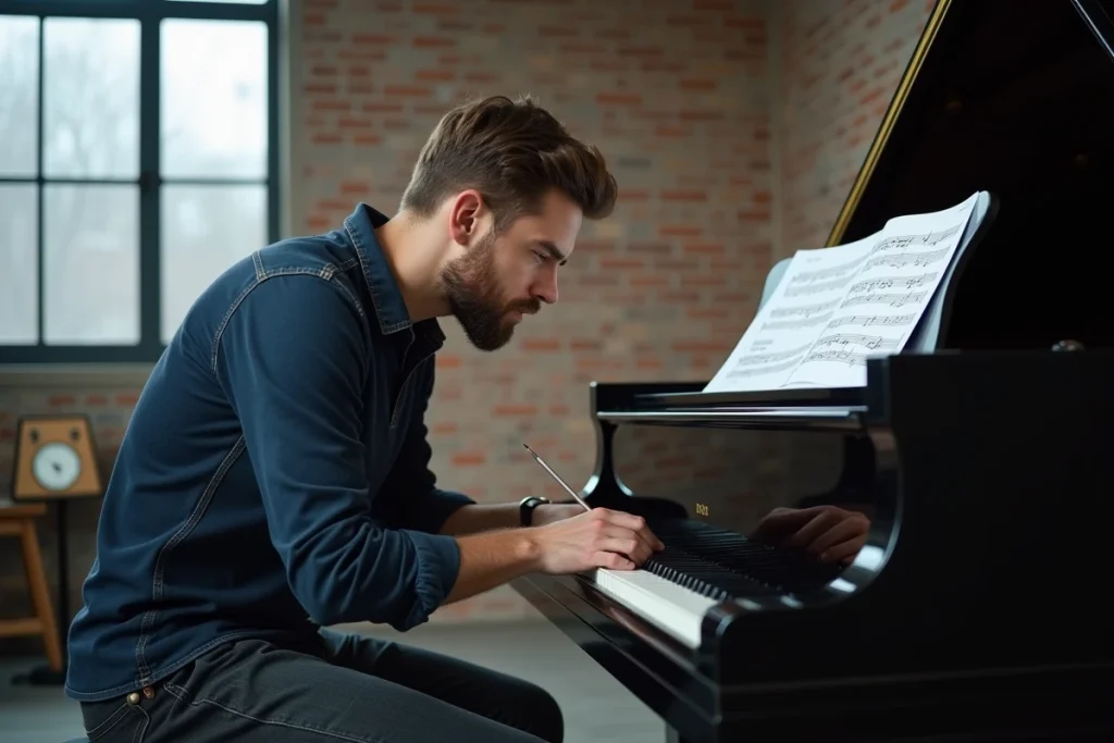Homme adulte annotant une partition de piano avec un crayon dans un studio de musique aux murs en briques