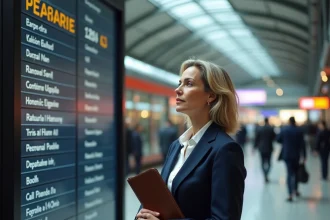 Ministre des transports en gare TGV observant le tableau des départs, politique ferroviaire 2026