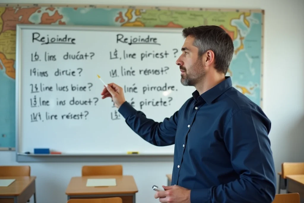 Professeur de français expliquant l'accord du participe passé du verbe rejoindre devant un tableau blanc en classe