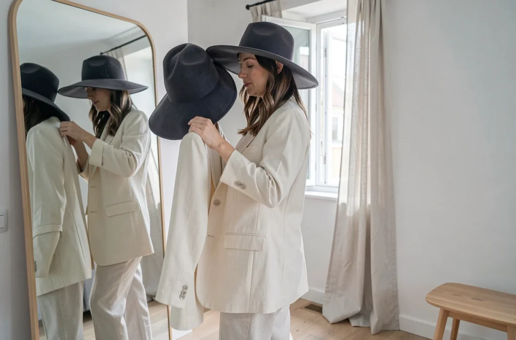Femme portant un chapeau oversize à large bord en feutre anthracite dans un appartement scandinave lumineux, look quotidien chic avec blazer crème et pantalon tailleur