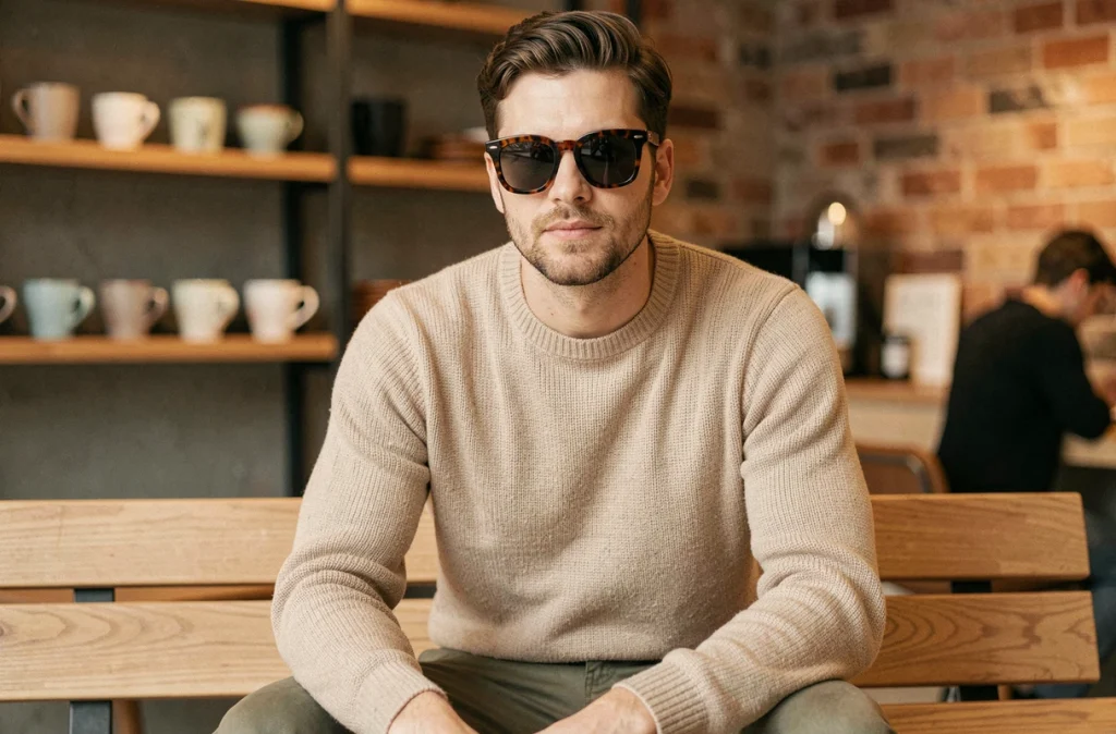 Homme portant des lunettes oversize en écaille de tortue dans un café minimaliste moderne, style décontracté quotidien avec pull oatmeal et chino olive