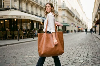 Jeune femme portant un grand sac oversize en cuir caramel dans une rue pavée parisienne, tenue quotidienne stylée avec chemise blanche et jean droit