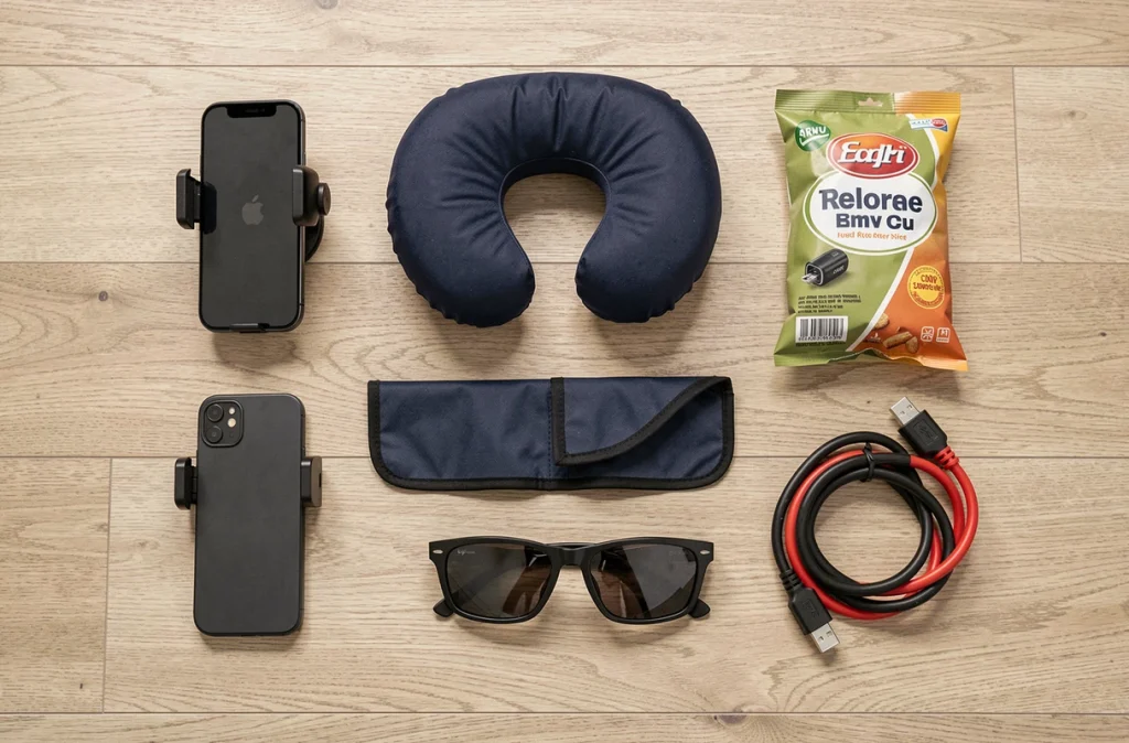 Sélection d'accessoires indispensables pour voyager en voiture disposés en flat lay : chargeur USB, support téléphone, pare-soleil et câbles de démarrage