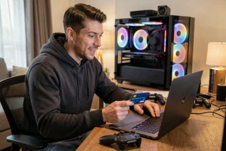 Homme en sweat sombre achetant un jeu vidéo en ligne sur son ordinateur portable avec carte bancaire en main