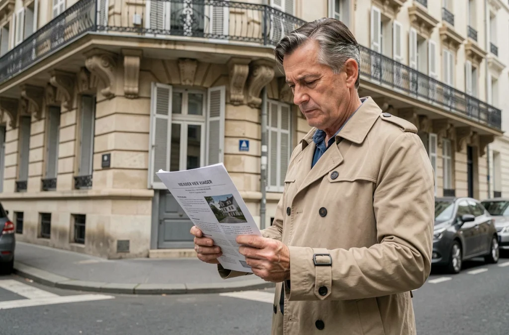 Un homme examine une annonce immobilière en viager devant un immeuble haussmannien à Paris