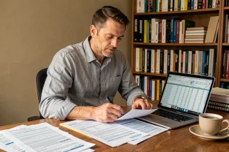 Acteur indépendant gérant ses finances et documents comptables dans un bureau à domicile