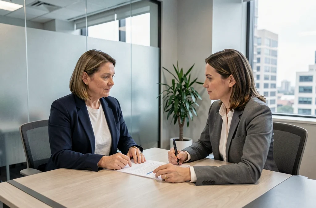 Actrice indépendante en rendez-vous avec un conseiller financier pour gérer ses revenus