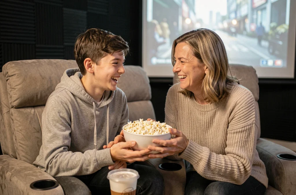 Adolescent et sa mère partageant du popcorn dans une salle de cinéma maison