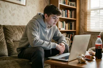 Adolescent sédentaire avachi sur un canapé devant un écran d'ordinateur portable, illustrant les effets de l'inactivité physique chez les jeunes