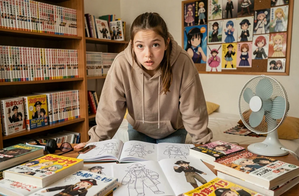 Adolescente absorbée par la lecture d'un chapitre de manga One Piece entourée de volumes et de dessins de fans dans sa chambre