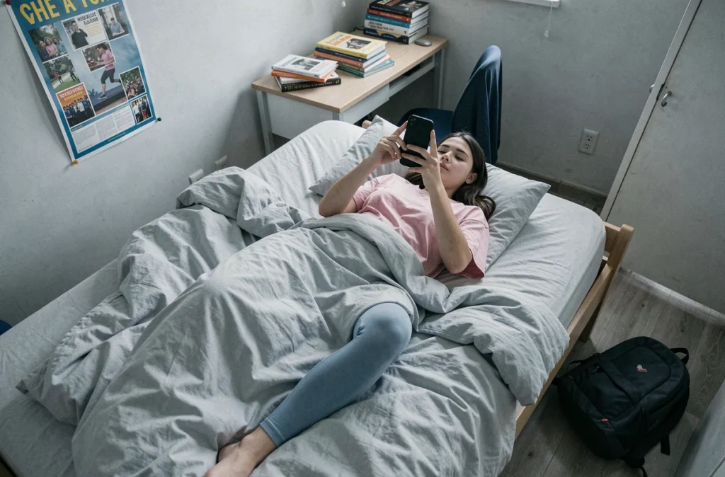 Adolescente allongée sur son lit en train de scroller sur son téléphone, symbolisant la sédentarité et le manque d'activité physique chez les jeunes