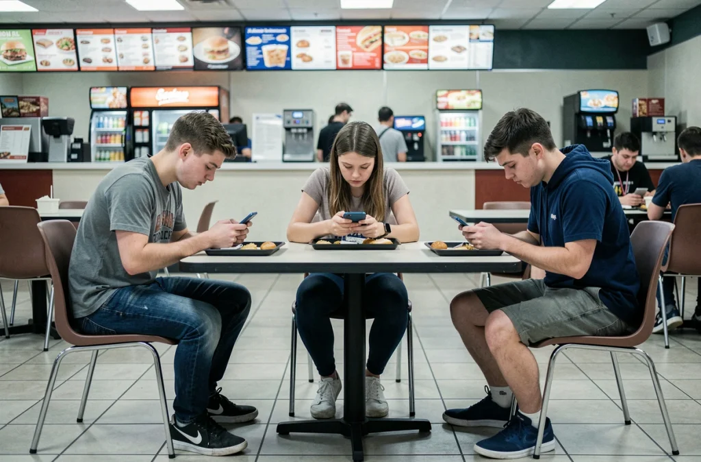 Groupe d'adolescents attablés dans un fast-food, chacun absorbé par son smartphone sans interagir, illustrant la sédentarité sociale et physique