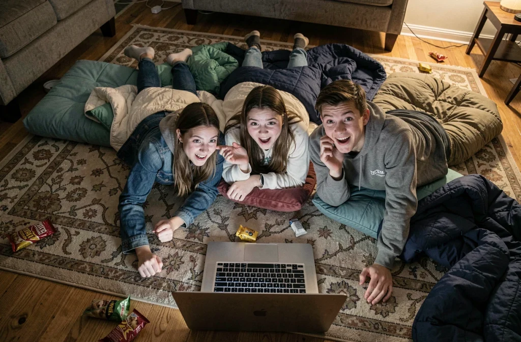 Groupe d'adolescents regardant une comédie lors d'une soirée film entre amis