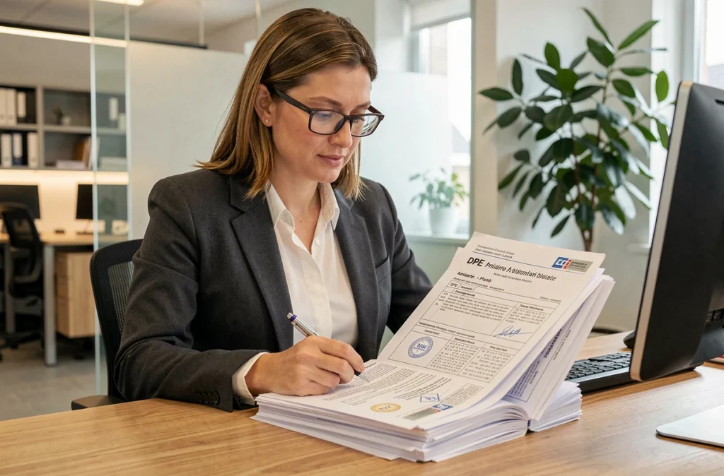 Agente immobilière consultant les diagnostics obligatoires pour la location d'un bien immobilier