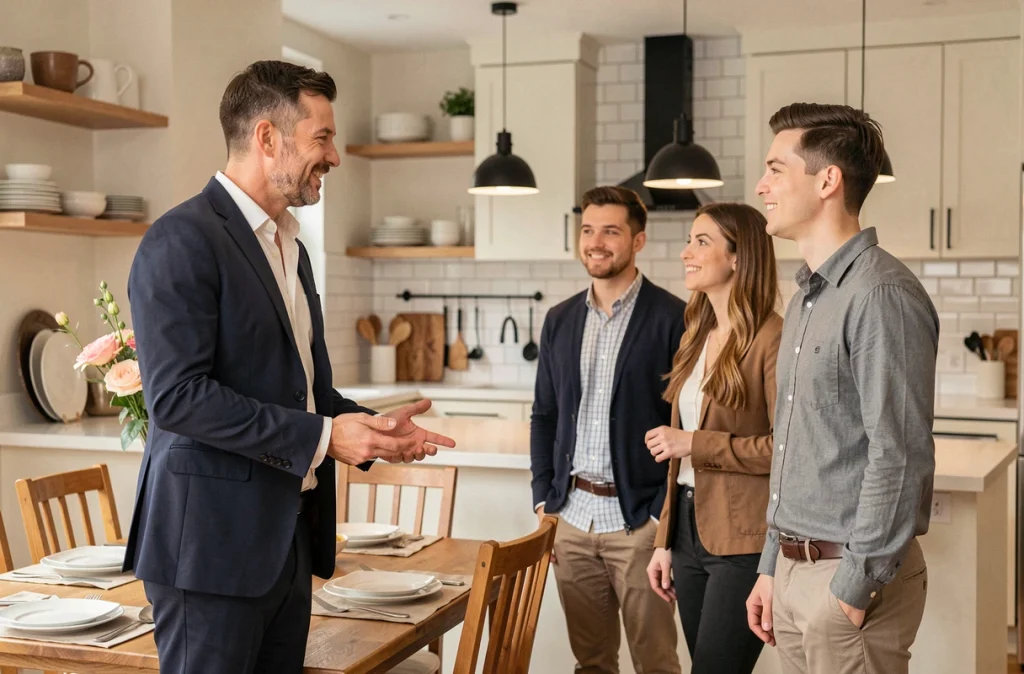 Agent immobilier présentant une cuisine mise en scène par le home staging à un couple d'acheteurs potentiels