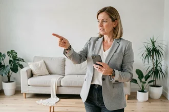 Agente immobilière présentant une visite virtuelle d'un appartement moderne avec son smartphone
