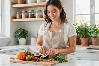 Femme souriante dans une cuisine moderne préparant des aliments frais riches en nutriments bénéfiques pour la peau