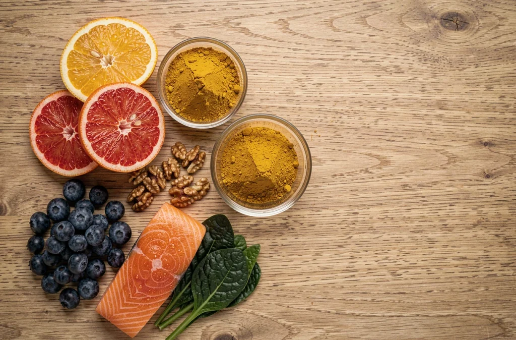 Vue aérienne d'aliments riches en antioxydants et en oméga-3 bénéfiques pour la santé et l'éclat de la peau