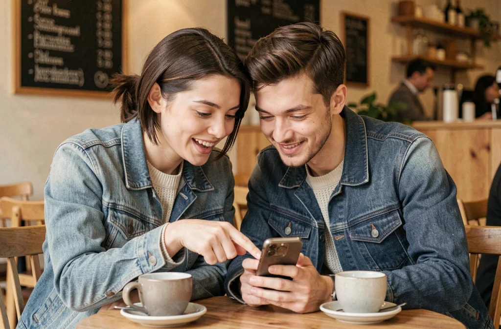 Deux amis dans un café regardant ensemble un smartphone, découvrant une méthode pour obtenir des spins gratuits sur Coin Master