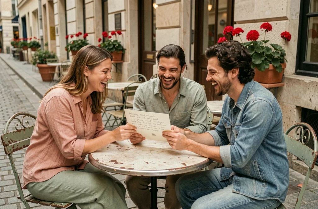 Groupe d'amis riant ensemble en lisant une carte manuscrite en terrasse de café parisien