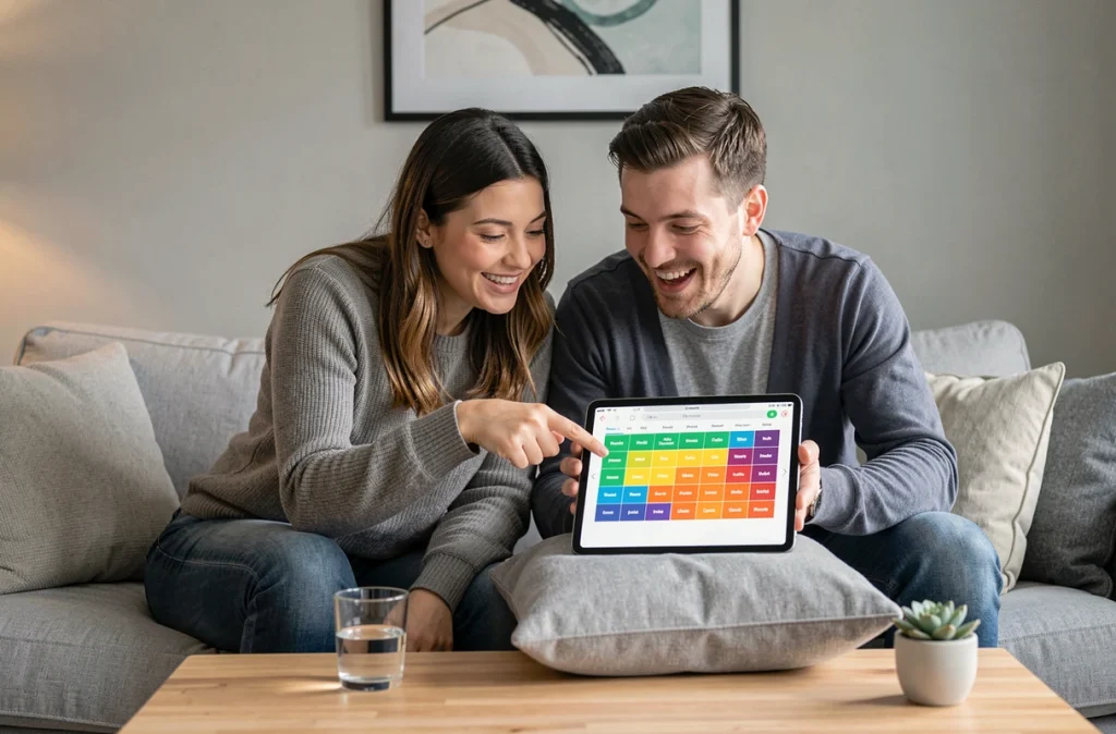 Deux amis débutants qui découvrent ensemble le jeu de mots Wordle sur une tablette dans un salon