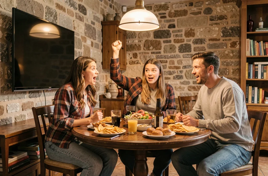 Groupe d'amis réunis autour d'une table pour jouer avec un jeu télévisé le weekend