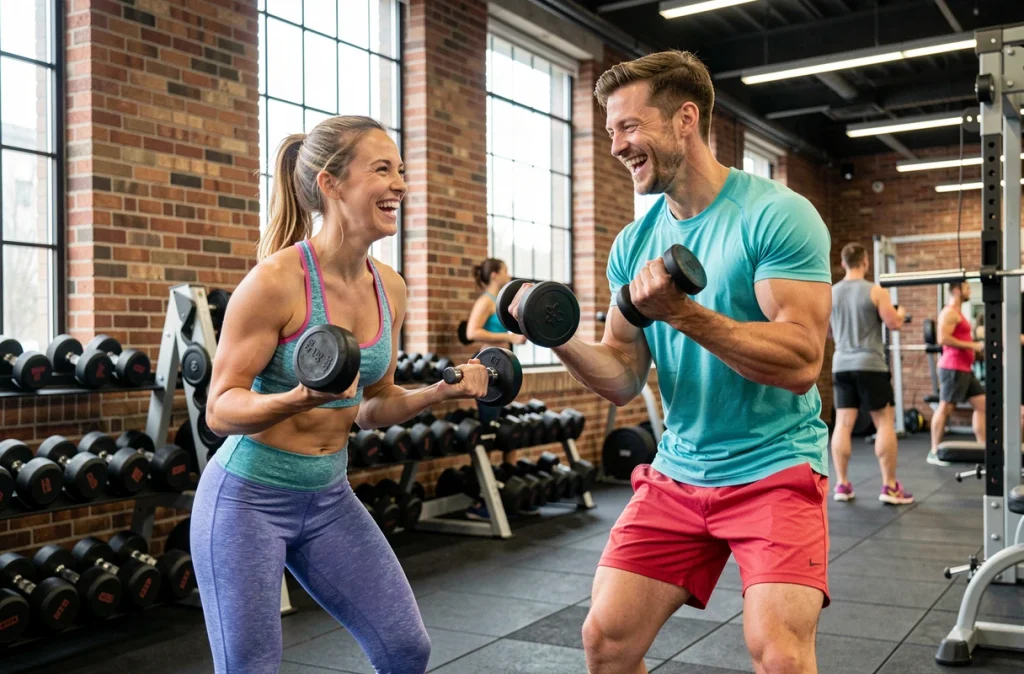Deux amis s'entraînant ensemble en salle de sport pour lutter contre le stress grâce à l'exercice régulier