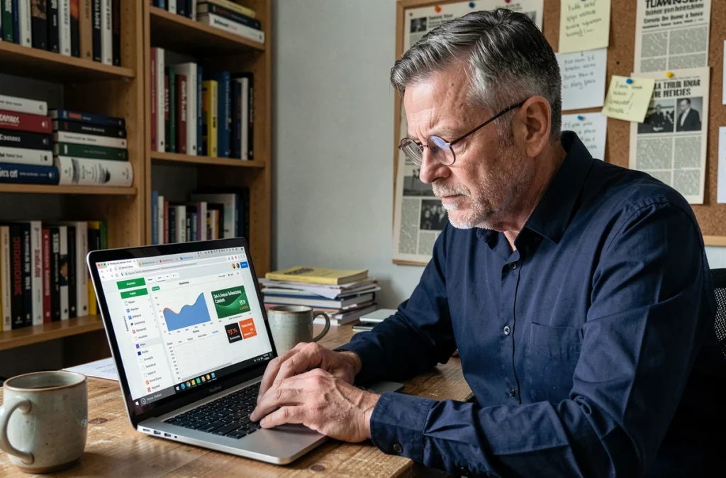 Homme analysant des données économiques sur l'impact des plateformes de streaming sur les prix des films dans un bureau à domicile