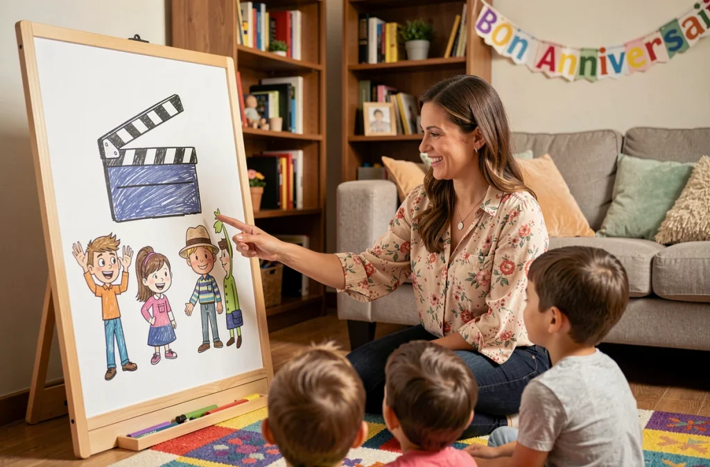 Animatrice présentant un quiz cinéma illustré à des enfants lors d'un goûter d'anniversaire