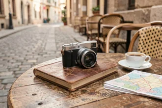 Appareil photo compact posé sur un carnet de voyage en cuir usé sur une table de café européen, idéal pour voyager léger