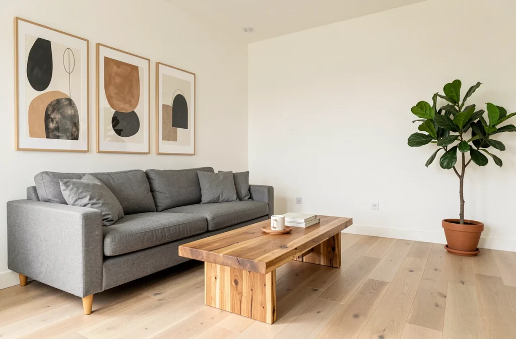 Appartement vide transformé par le home staging avec canapé gris, table en bois brut et plante d'intérieur pour la vente immobilière