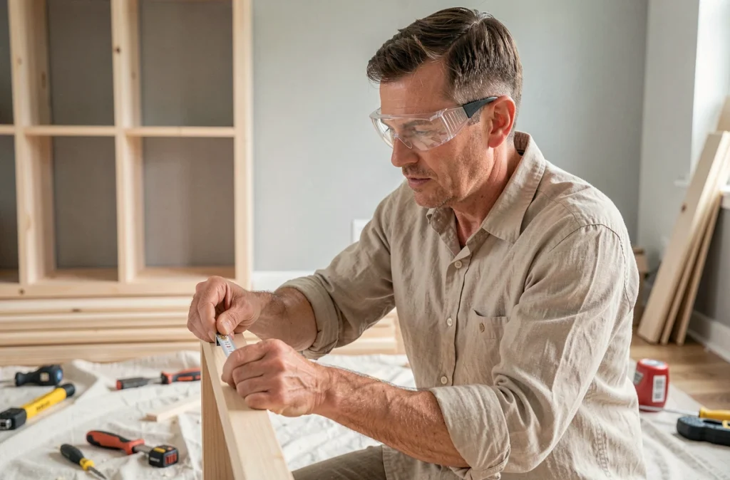 Artisan menuisier mesurant une planche pour installer une bibliothèque sur-mesure dans un séjour en rénovation