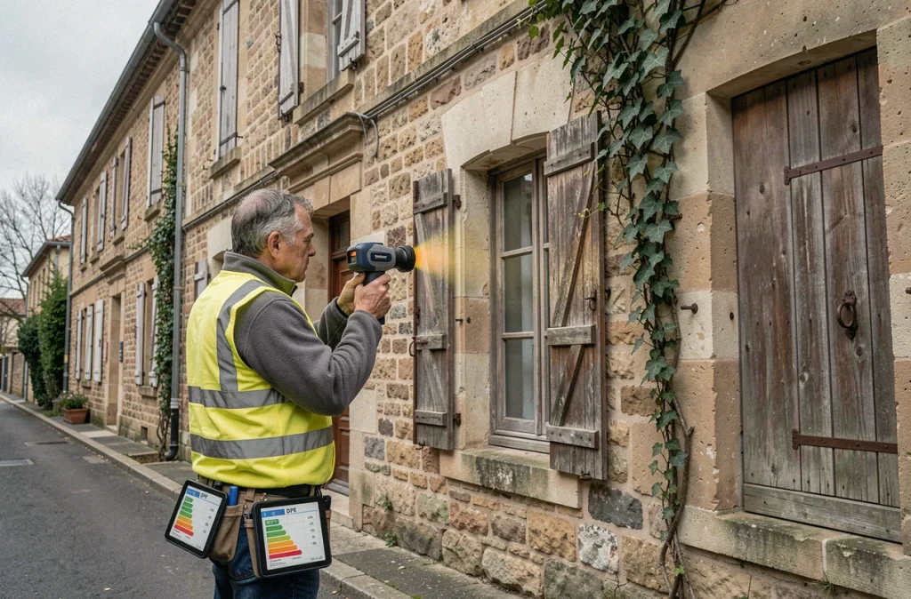 Auditeur énergétique réalisant un diagnostic de performance énergétique DPE sur une façade d'immeuble résidentiel