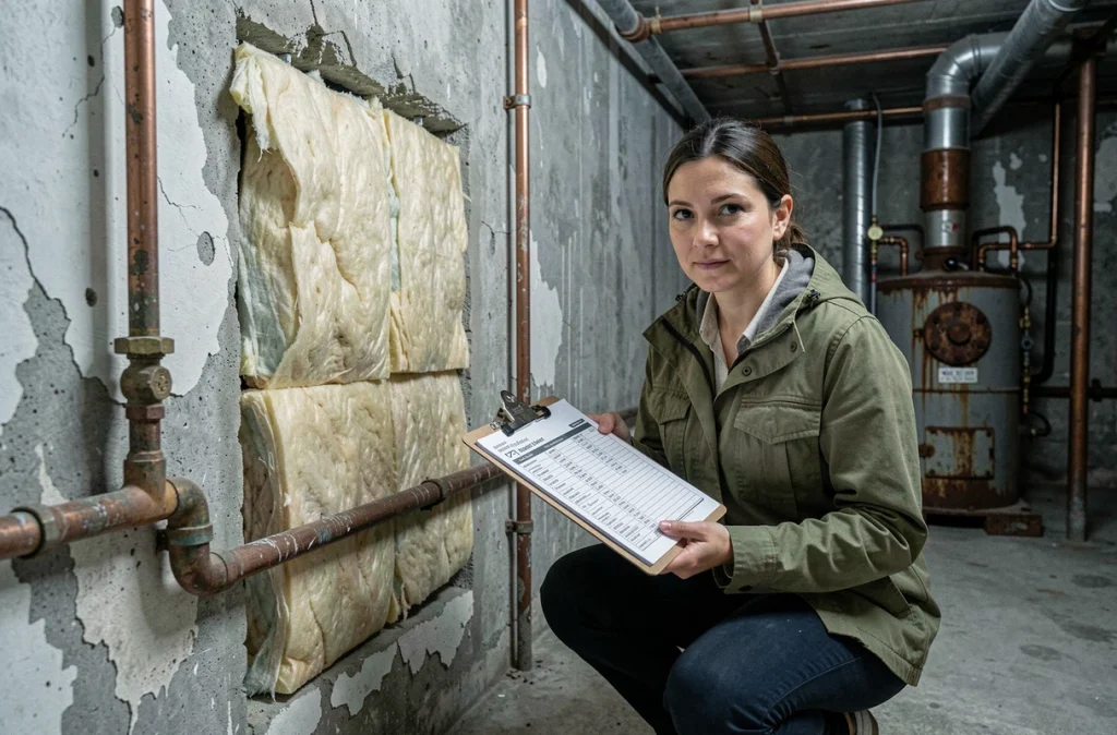 Auditrice énergétique inspectant l'isolation et la chaudière dans un sous-sol vétuste lors d'un diagnostic immobilier