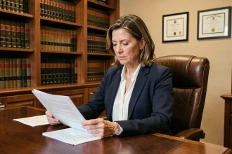 Avocate en cabinet juridique révisant des documents pour un dossier de divorce ou séparation conflictuelle