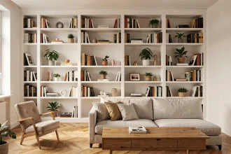 Bibliothèque sur-mesure encastrée du sol au plafond dans un séjour moderne au style scandinave avec parquet en chevrons