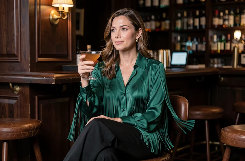 Femme en blouse à franges vert émeraude assise dans un bar jazz intimiste pour une soirée bohème chic