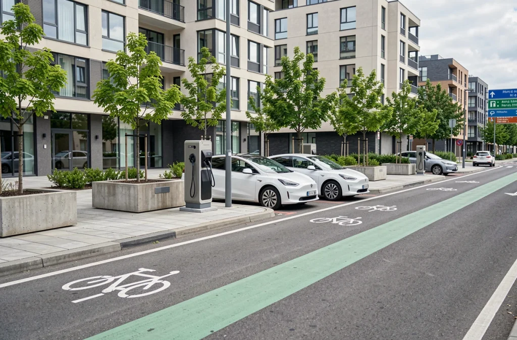 Borne de recharge pour voitures électriques dans une place piétonne moderne avec infrastructures urbaines durables