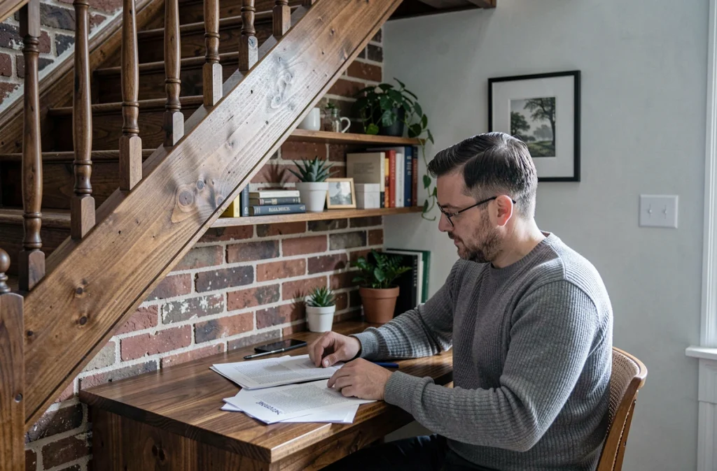 Homme travaillant dans un bureau compact aménagé sous un escalier en bois avec étagères ouvertes et plantes décoratives