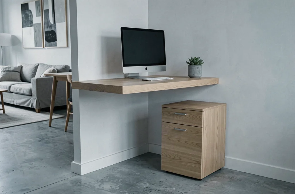 Bureau flottant en bois de frêne intégré dans un espace de vie moderne minimaliste avec béton et lin