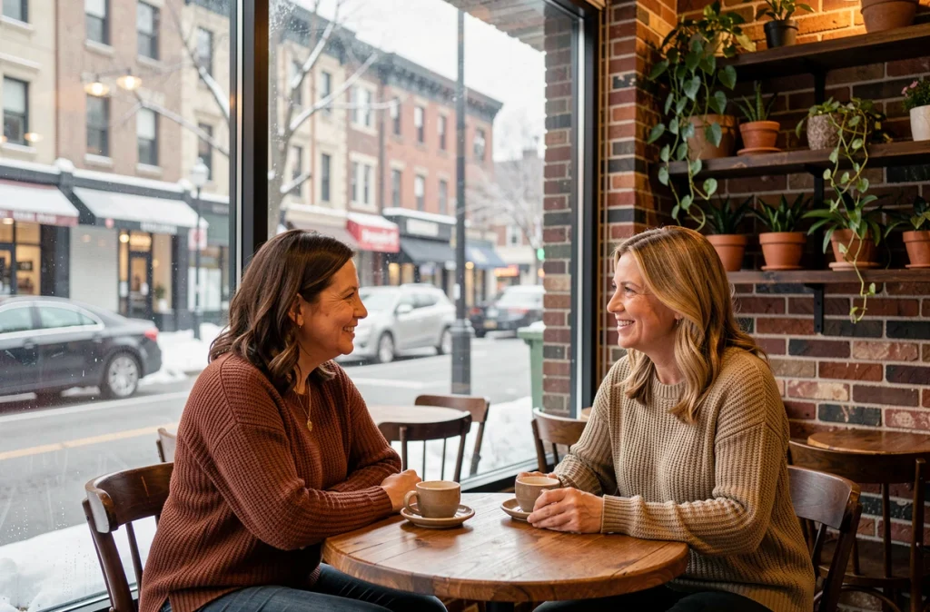 Deux femmes discutant dans un café baigné de lumière naturelle hivernale près d'une grande fenêtre