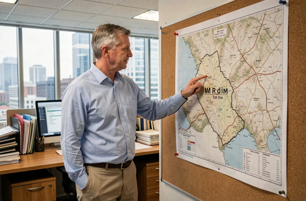 Cartographe professionnel expliquant la conversion de 10 000 hectares en kilomètres carrés devant une carte topographique