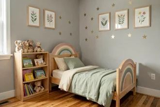 Chambre d'enfant personnalisée avec tête de lit peinte en arc-en-ciel pastel, étagère en bois et décorations murales botaniques