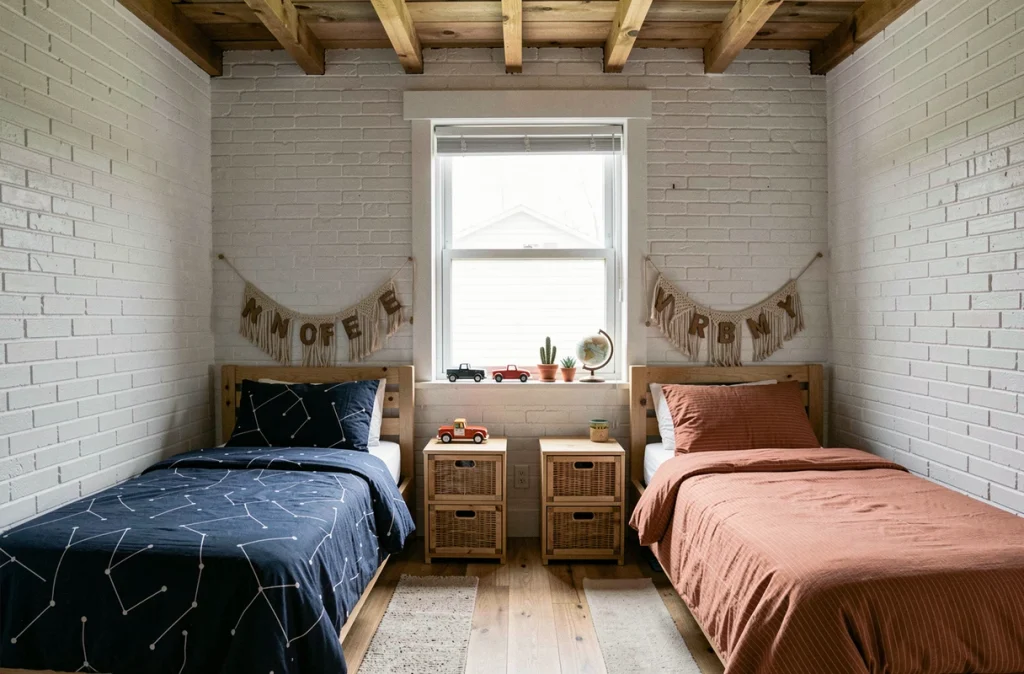 Chambre partagée pour deux enfants avec bannières prénom personnalisées en macramé, lits individuels aux literies distinctes et étagère décorative sous fenêtre