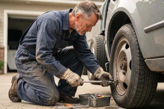 Homme changeant un pneu plat dans son allée avec une clé en croix et des gants de mécanicien
