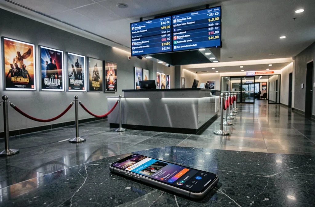 Contraste entre un tableau d'affichage des prix d'un cinéma multiplex et une application de streaming sur smartphone, symbolisant l'évolution du marché du film